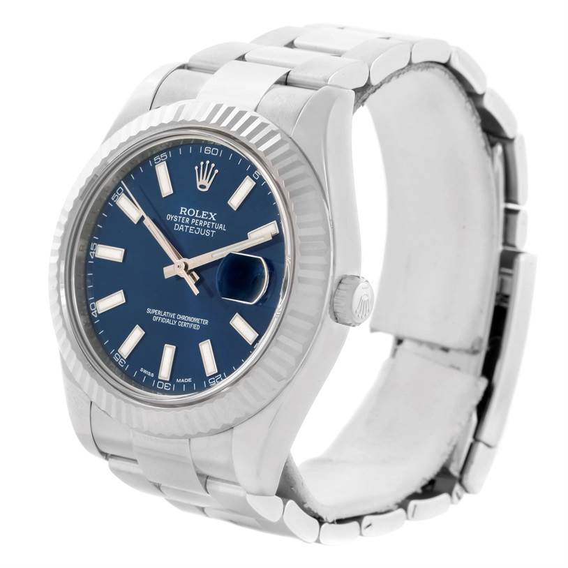 The image shows a front angle of the Rolex Datejust 41 116334 Men's Stainless Steel Blue Dial 116334 Men's Stainless Steel Blue Dial watch, highlighting the face, bezel, and bracelet.