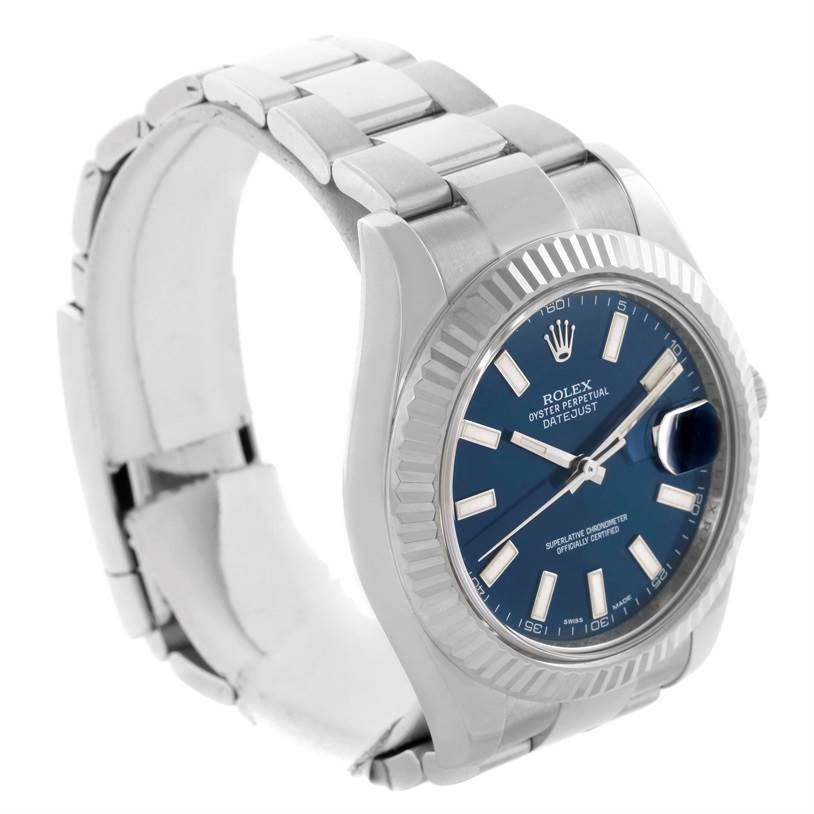 The Rolex Datejust 41 116334 Men's Stainless Steel Blue Dial 116334 Men's Stainless Steel Blue Dial is shown at a three-quarter angle, highlighting the bracelet, case, blue dial, and fluted bezel.