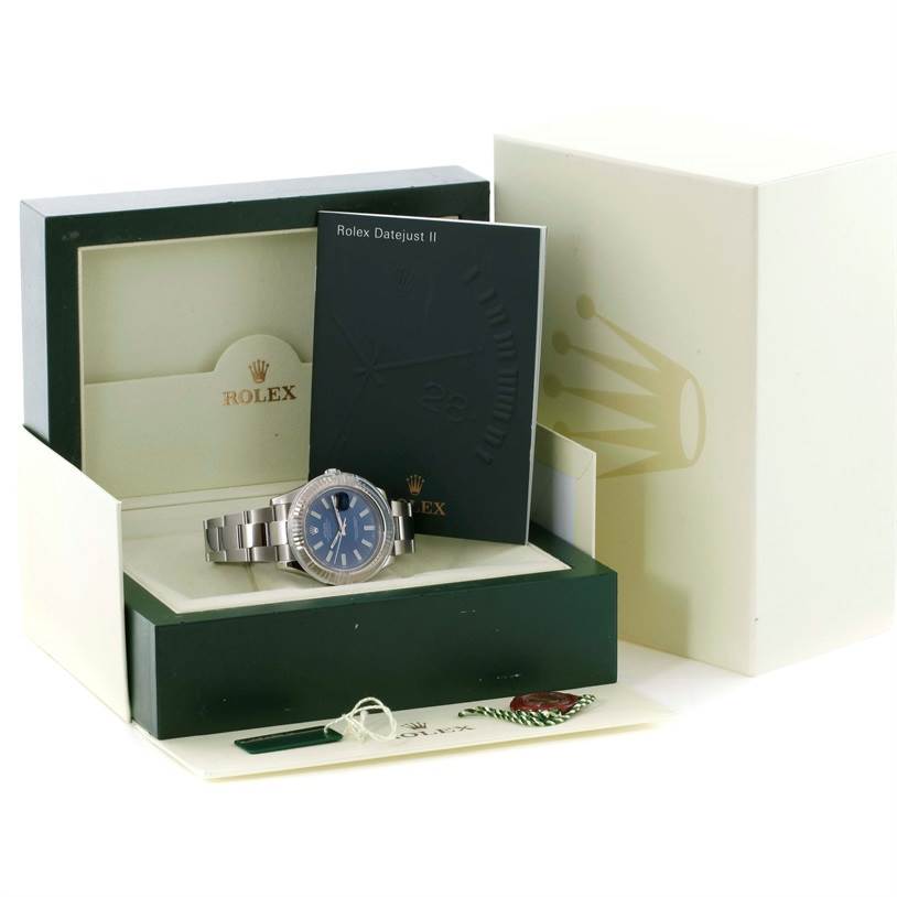 The image shows a Rolex Datejust 41 116334 Men's Stainless Steel Blue Dial 116334 Men's Stainless Steel Blue Dial watch displayed in its original box with an instruction manual and warranty card.