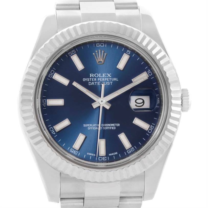 The image shows the front view of a Rolex Datejust 41 116334 Men's Stainless Steel Blue Dial 116334 Men's Stainless Steel Blue Dial watch, highlighting the dial, bezel, crown, and bracelet.
