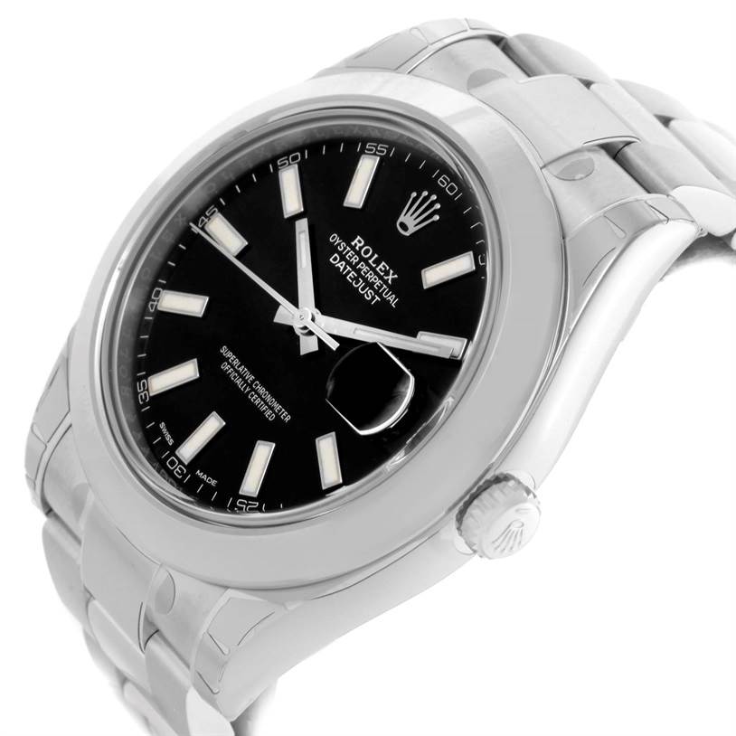 This image shows a close-up of a Rolex Datejust 41 116300 Stainless Steel Black Dial 116300 Stainless Steel Black Dial watch from an angled side view, highlighting the bracelet, case, and dial.