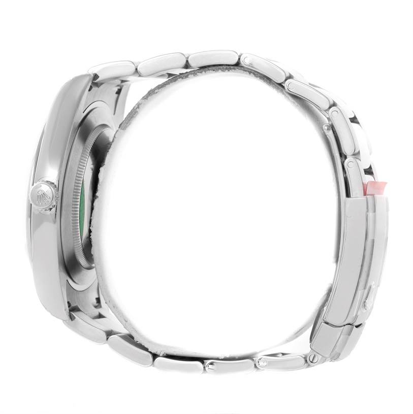 This side angle of the Rolex Datejust 41 116300 Stainless Steel Black Dial 116300 Stainless Steel Black Dial shows the watch case, crown, and bracelet.