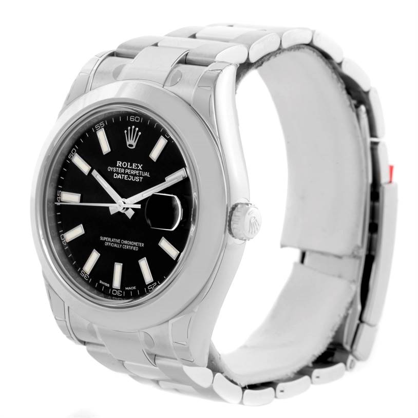 The image shows a Rolex Datejust 41 116300 Stainless Steel Black Dial 116300 Stainless Steel Black Dial watch, with a front and side view highlighting the dial, bezel, crown, and bracelet.