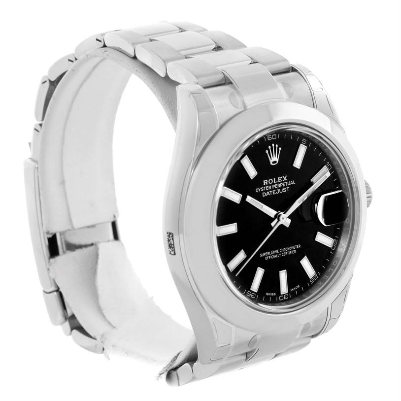The Rolex Datejust 41 116300 Stainless Steel Black Dial 116300 Stainless Steel Black Dial watch is shown at a three-quarter angle, displaying the face, bezel, and part of the bracelet.
