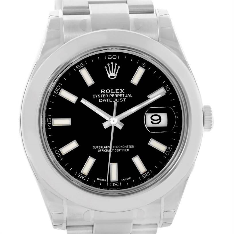 The Rolex Datejust 41 116300 Stainless Steel Black Dial 116300 Stainless Steel Black Dial watch is shown from a front angle, displaying its black dial, hands, date window, and part of the bracelet.