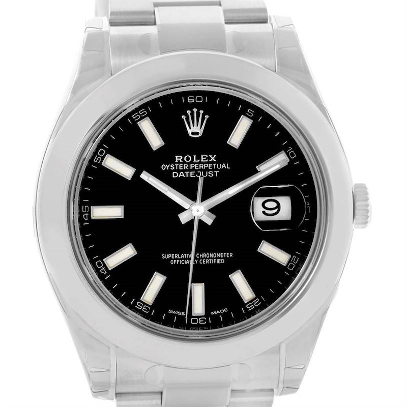 The Rolex Datejust 41 watch is shown from a front angle, displaying its black dial, hands, date window, and part of the bracelet.