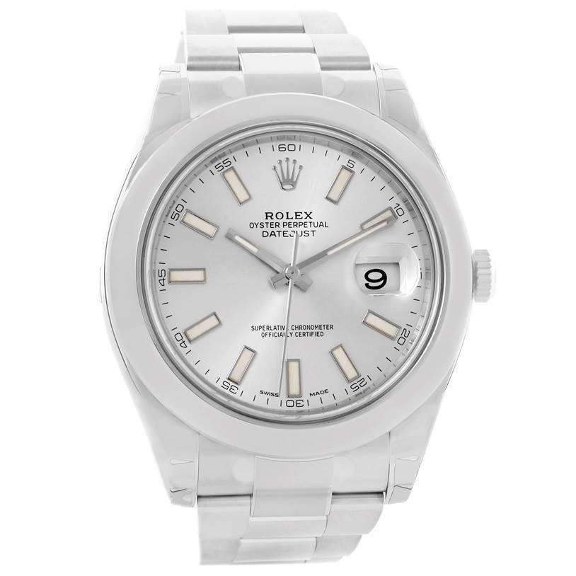 This image shows a Rolex Datejust 41 116300 Stainless Steel Silver Dial 116300 Stainless Steel Silver Dial model from a front angle, displaying the dial, hour markers, hands, date window, and bracelet.