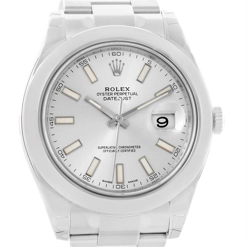 The image shows a frontal view of the Rolex Datejust 41 116300 Stainless Steel Silver Dial 116300 Stainless Steel Silver Dial watch, highlighting its dial, bezel, and bracelet.