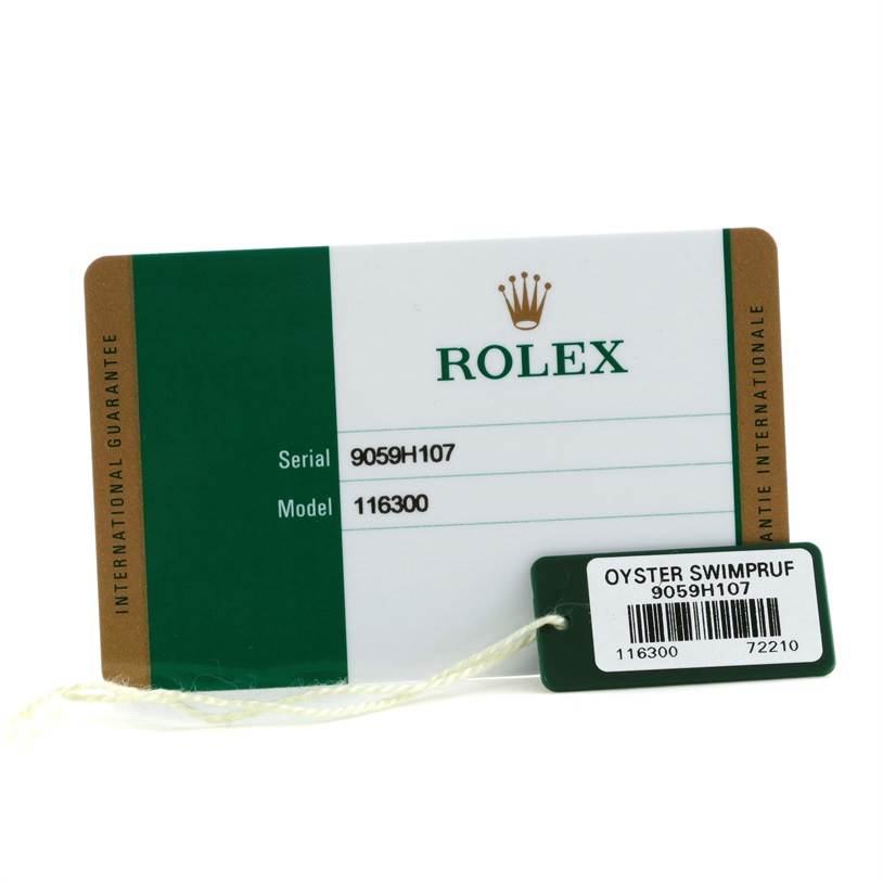 This image shows the serial and model number tag and the international guarantee card for the Rolex Datejust 41 116300 Stainless Steel Silver Dial 116300 Stainless Steel Silver Dial model.