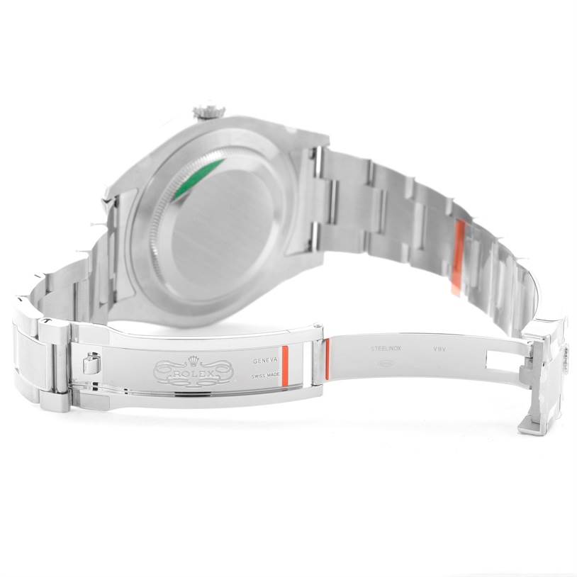 The image shows the back and clasp mechanism of a Rolex Datejust 41 116300 Stainless Steel Silver Dial 116300 Stainless Steel Silver Dial watch, highlighting the bracelet and case back.