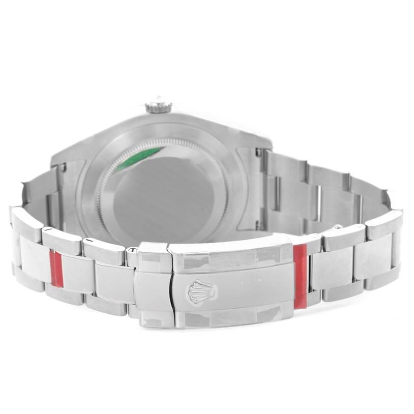 The image shows the back view of a Rolex Datejust 41 116300 Stainless Steel Silver Dial 116300 Stainless Steel Silver Dial watch, highlighting the case back and bracelet clasp.