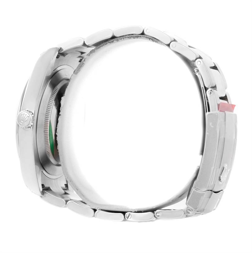 This side view of the Rolex Datejust 41 116300 Stainless Steel Silver Dial 116300 Stainless Steel Silver Dial watch showcases its bracelet, crown, and the side of the case.