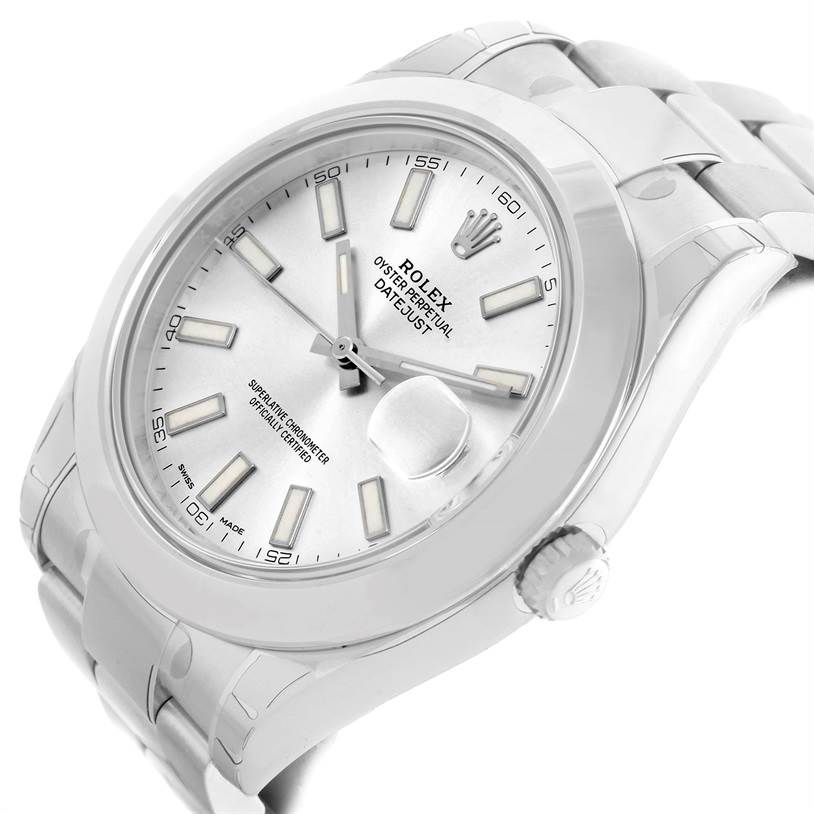 The Rolex Datejust 41 116300 Stainless Steel Silver Dial 116300 Stainless Steel Silver Dial watch is shown at a slight angled view, highlighting its face, bezel, and bracelet.