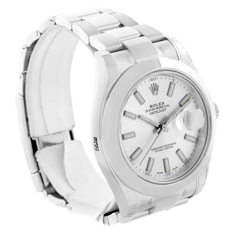 The image shows a side and front angled view of a Rolex Datejust 41 116300 Stainless Steel Silver Dial 116300 Stainless Steel Silver Dial, highlighting the dial, bezel, and bracelet.