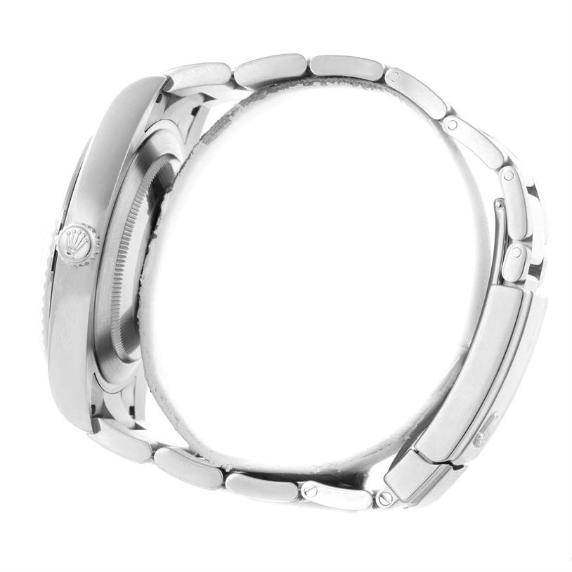 The image shows a side profile of the Rolex Datejust 41 116334 Men
s Stainless Steel Grey Dial 116334 Men
s Stainless Steel Grey Dial watch, highlighting its case, crown, and metal bracelet links.