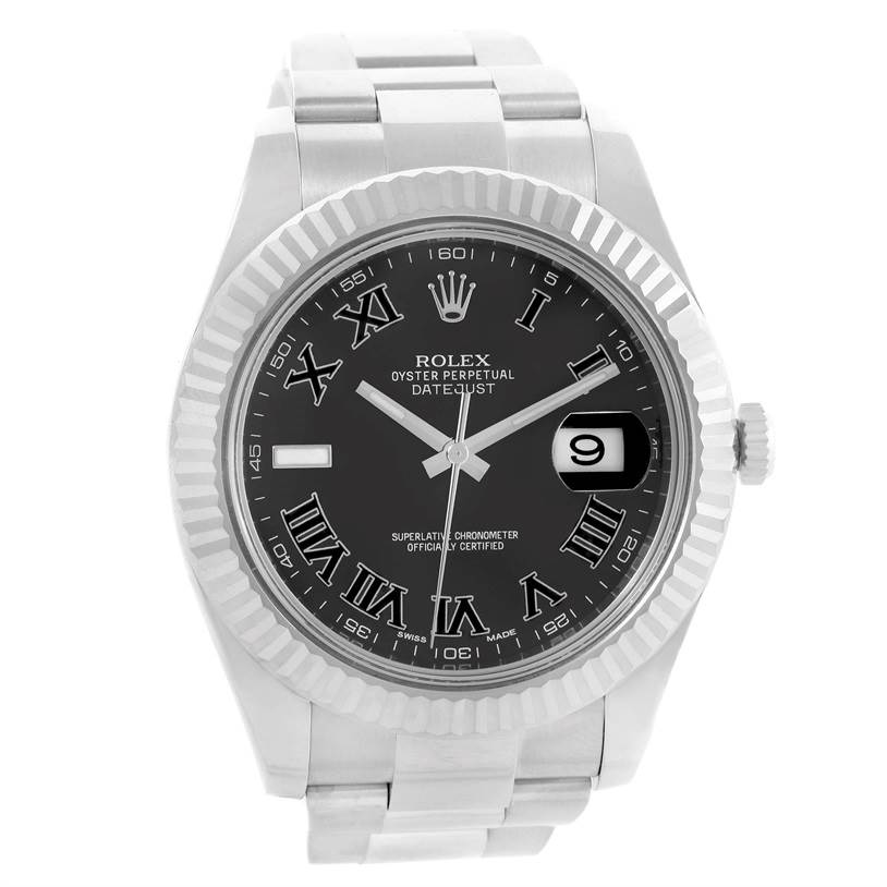 The image shows a front view of a Rolex Datejust 41 116334 Men
s Stainless Steel Grey Dial 116334 Men
s Stainless Steel Grey Dial, highlighting the dial, bezel, and bracelet.