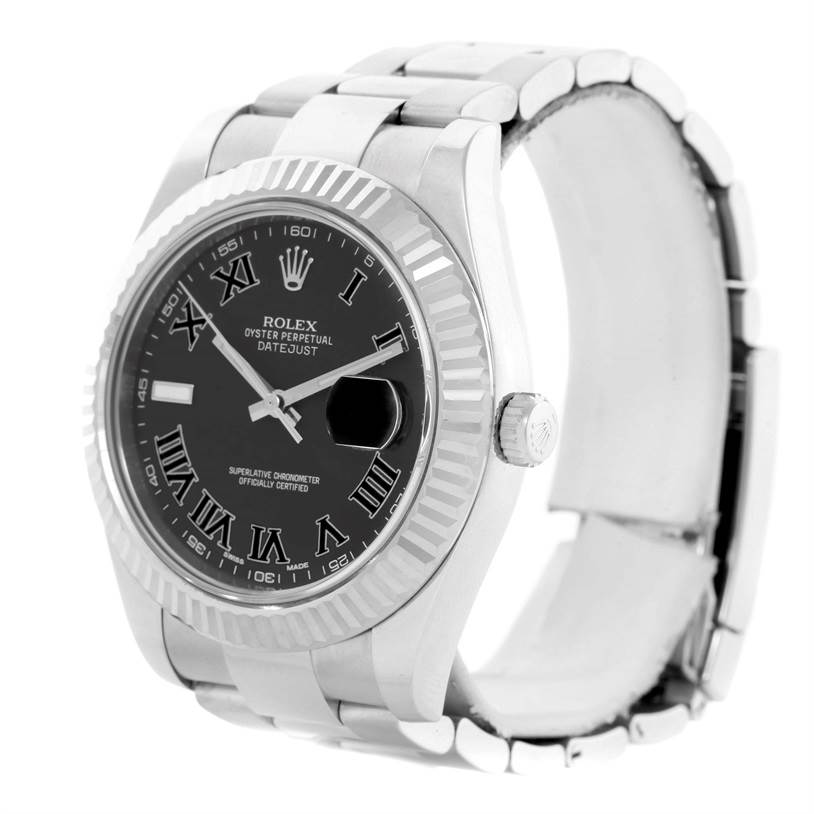 This Rolex Datejust 41 116334 Men
s Stainless Steel Grey Dial 116334 Men
s Stainless Steel Grey Dial watch is shown at an angle capturing the face, bezel, bracelet, and crown.