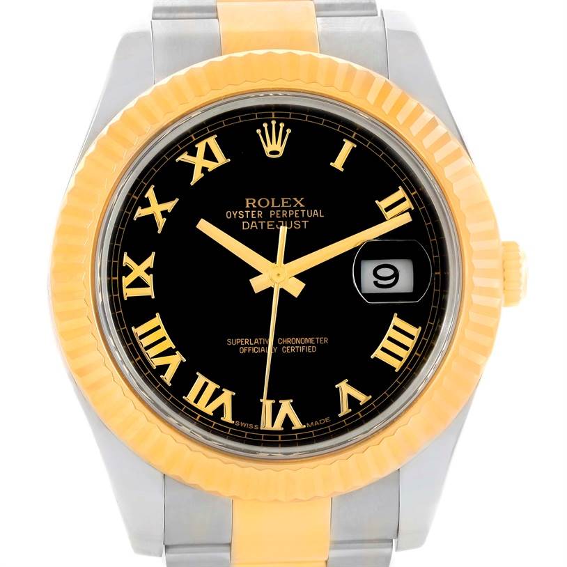 The image shows a frontal view of the Rolex Datejust 41 116333 Men
s Steel and Gold (two tone) Black Dial 116333 Men
s Steel and Gold (two tone) Black Dial watch, featuring a black dial, yellow-gold Roman numerals, and two-tone bracelet.