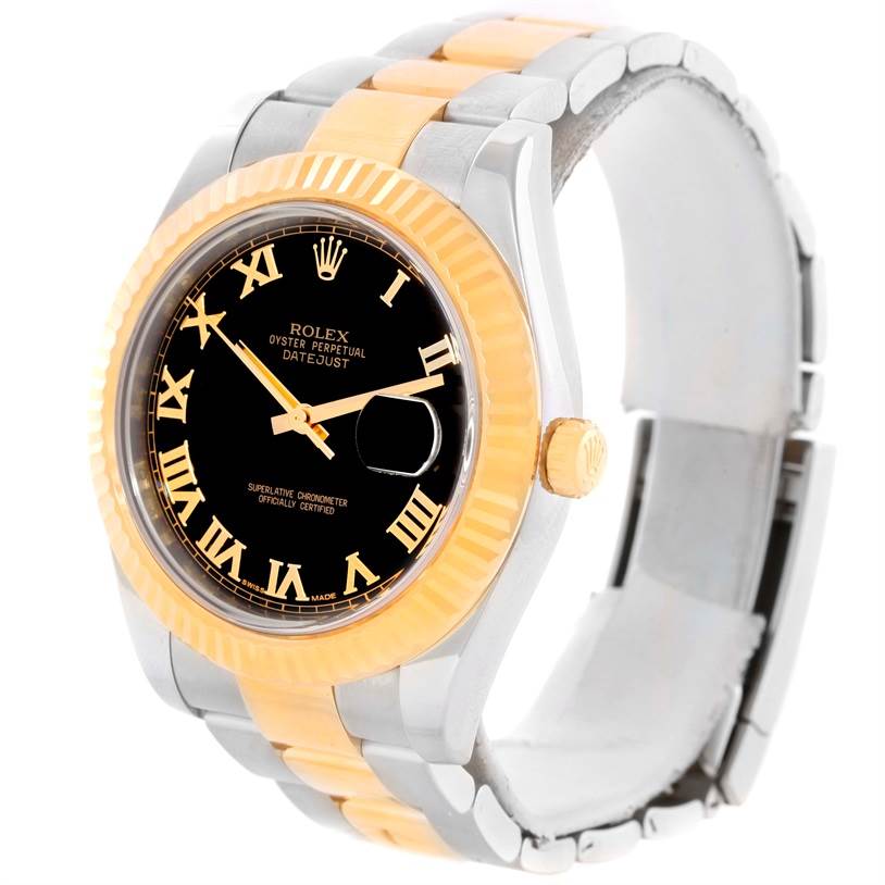 The image shows a Rolex Datejust 41 116333 Men
s Steel and Gold (two tone) Black Dial 116333 Men
s Steel and Gold (two tone) Black Dial watch at a slight side angle, highlighting the two-tone bracelet, fluted bezel, and black dial with Roman numerals.