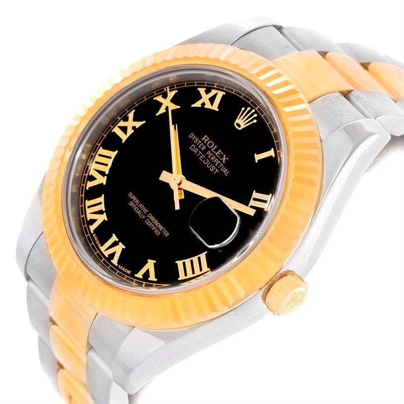 The shown Rolex Datejust 41 116333 Men
s Steel and Gold (two tone) Black Dial 116333 Men
s Steel and Gold (two tone) Black Dial watch is angled from the side, displaying its bezel, crown, dial, bracelet, and case.