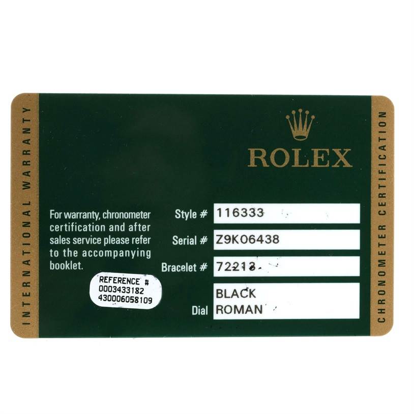 This image shows the warranty card for a Rolex Datejust 41 116333 Men
s Steel and Gold (two tone) Black Dial 116333 Men
s Steel and Gold (two tone) Black Dial model, specifying style, serial, and bracelet numbers along with the dial information.