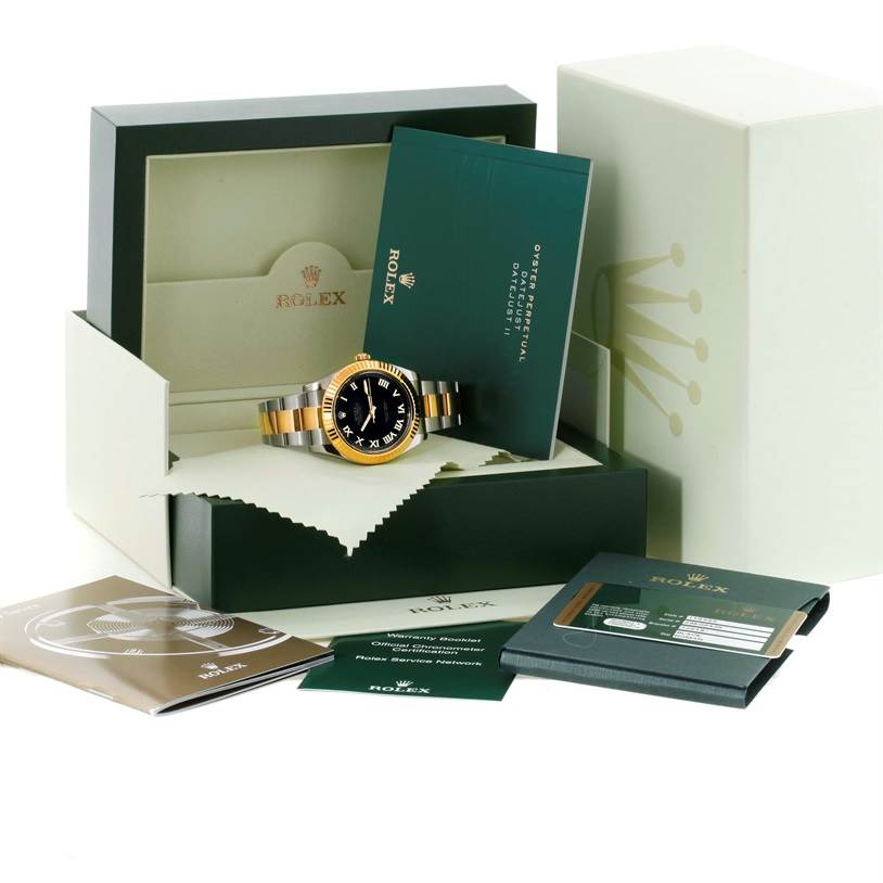 The image shows a Rolex Datejust 41 116333 Men
s Steel and Gold (two tone) Black Dial 116333 Men
s Steel and Gold (two tone) Black Dial watch with its box, warranty booklets, and user manuals from a slightly angled top-front view.