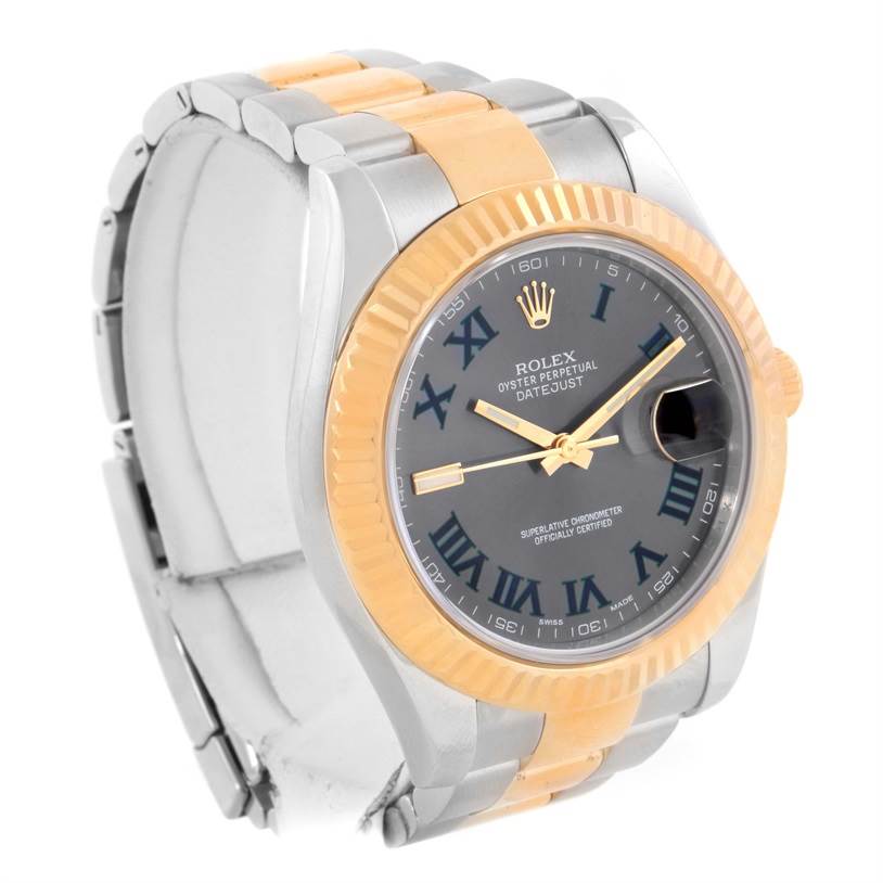This image shows a Rolex Datejust 41 116333GYRO Men's Steel and Gold (two tone) Grey Dial 116333GYRO Men's Steel and Gold (two tone) Grey Dial model at a slight oblique angle, highlighting the dial, bezel, and bracelet.