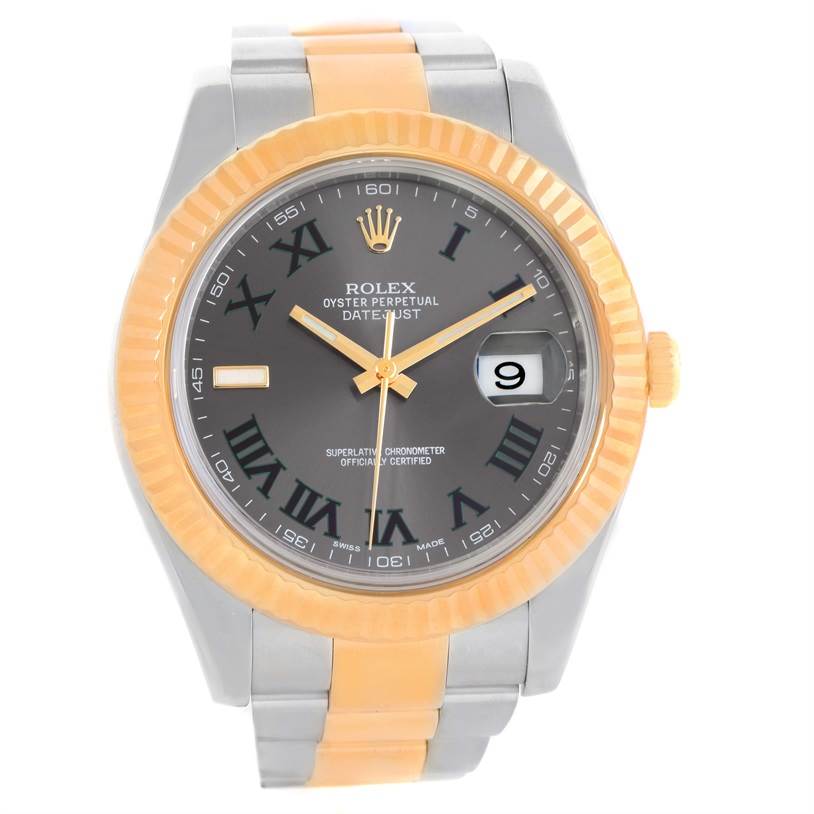 The Rolex Datejust 41 116333GYRO Men's Steel and Gold (two tone) Grey Dial 116333GYRO Men's Steel and Gold (two tone) Grey Dial watch is shown from a front angle, highlighting the dial, bezel, and bracelet.