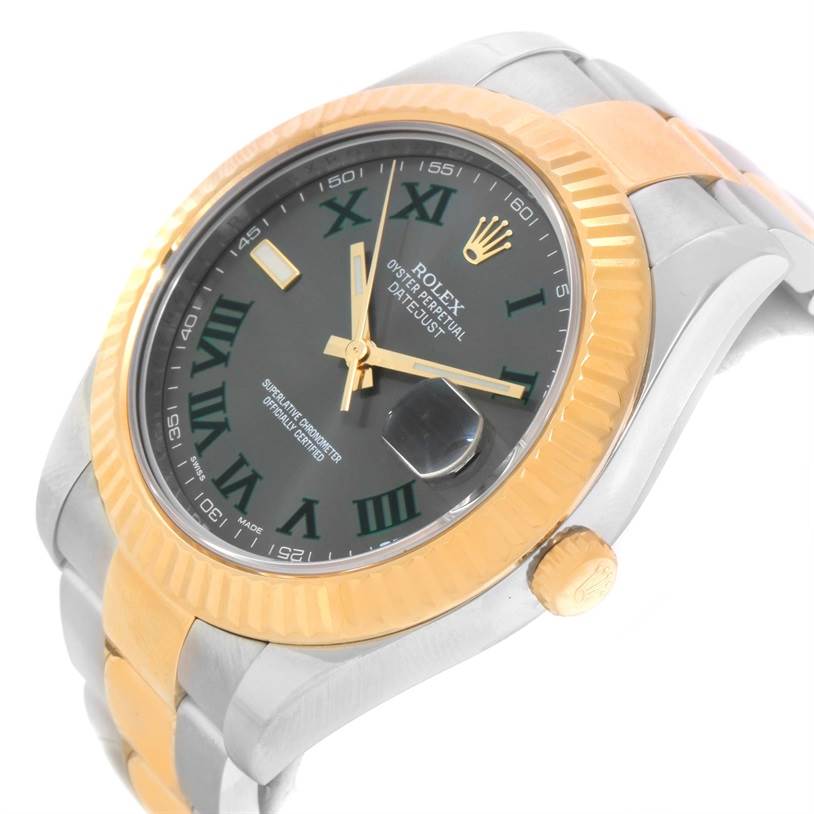 The image shows a side angle of a Rolex Datejust 41 116333GYRO Men's Steel and Gold (two tone) Grey Dial 116333GYRO Men's Steel and Gold (two tone) Grey Dial watch, highlighting its two-tone bracelet, fluted bezel, and dial.