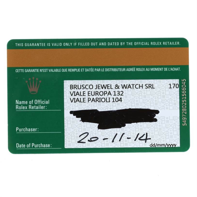 This is a warranty card for a Rolex Datejust 41 116333GYRO Men's Steel and Gold (two tone) Grey Dial 116333GYRO Men's Steel and Gold (two tone) Grey Dial, displaying retailer details and purchase date.