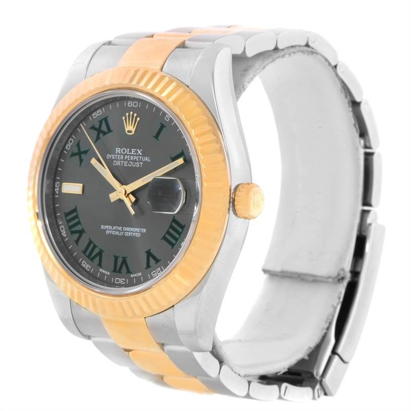 This Rolex Datejust 41 116333GYRO Men's Steel and Gold (two tone) Grey Dial 116333GYRO Men's Steel and Gold (two tone) Grey Dial watch is shown at a slight angle, featuring its dial, bezel, and part of the bracelet.
