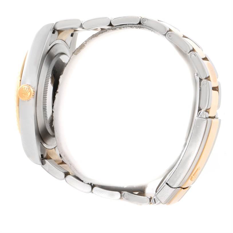 This image shows a side view of a Rolex Datejust 41 116333GYRO Men's Steel and Gold (two tone) Grey Dial 116333GYRO Men's Steel and Gold (two tone) Grey Dial watch, highlighting the crown, case, and bracelet.