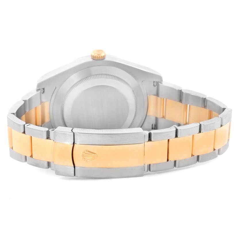 The image shows the back view and bracelet clasp of the Rolex Datejust 41 116333GYRO Men's Steel and Gold (two tone) Grey Dial 116333GYRO Men's Steel and Gold (two tone) Grey Dial watch, highlighting its two-tone metal design.