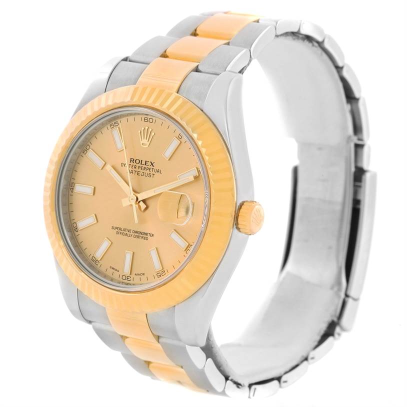 This image shows a Rolex Datejust 41 116333CSO Men's Steel and Gold (two tone) Champagne Dial 116333CSO Men's Steel and Gold (two tone) Champagne Dial watch at an angle highlighting the face, fluted bezel, crown, and two-tone bracelet.