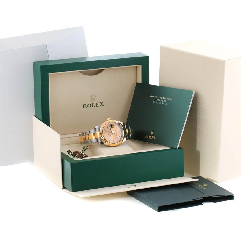 This image shows a Rolex Datejust 41 116333CSO Men's Steel and Gold (two tone) Champagne Dial 116333CSO Men's Steel and Gold (two tone) Champagne Dial watch in its original green box with accompanying manuals and packaging.