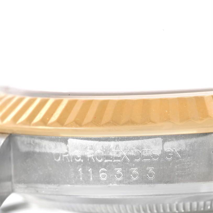 This angle shows the side of the Rolex Datejust 41 116333CSO Men's Steel and Gold (two tone) Champagne Dial 116333CSO Men's Steel and Gold (two tone) Champagne Dial, revealing the model number and part of the bezel.