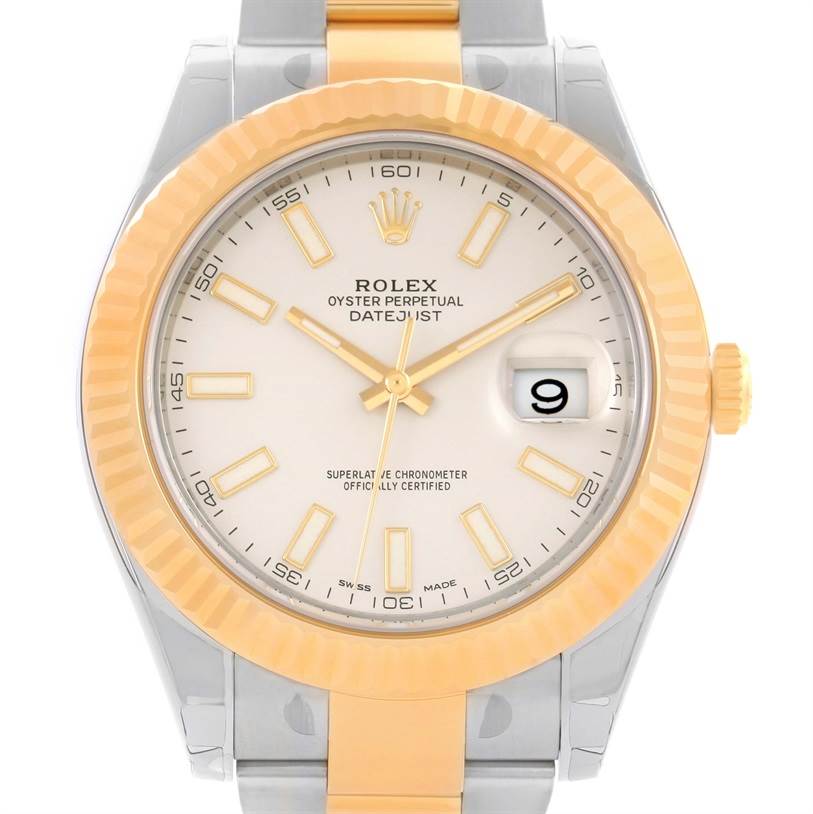 The image shows the front view of the Rolex Datejust 41 116333ISO Men's Steel and Gold (two tone) Beige Dial 116333ISO Men's Steel and Gold (two tone) Beige Dial watch, highlighting its dial, bezel, and part of the bracelet.