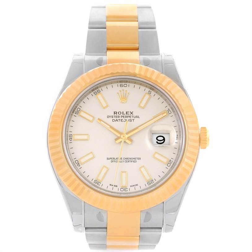 This is a front view of the Rolex Datejust 41 116333ISO Men's Steel and Gold (two tone) Beige Dial 116333ISO Men's Steel and Gold (two tone) Beige Dial model showing the face, case, and part of the bracelet.