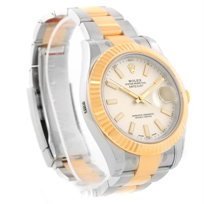 The Rolex Datejust 41 116333ISO Men's Steel and Gold (two tone) Beige Dial 116333ISO Men's Steel and Gold (two tone) Beige Dial watch is shown at an angle highlighting its face, bezel, and two-tone bracelet.