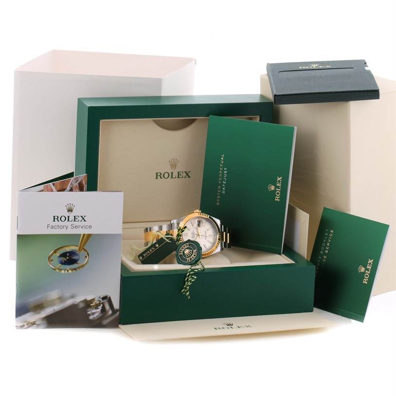 This image shows a Rolex Datejust 41 116333ISO Men's Steel and Gold (two tone) Beige Dial 116333ISO Men's Steel and Gold (two tone) Beige Dial watch with its box, warranty cards, and factory service booklet from a front angle.