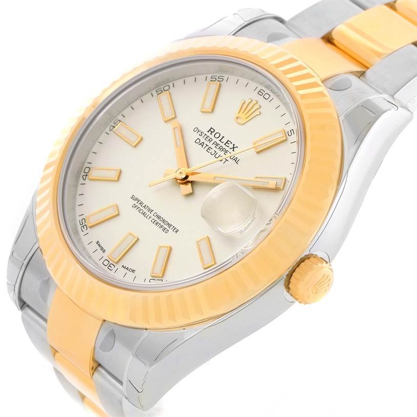 The image shows a Rolex Datejust 41 116333ISO Men's Steel and Gold (two tone) Beige Dial 116333ISO Men's Steel and Gold (two tone) Beige Dial watch at a slight angle, highlighting its face, crown, and two-tone bracelet.
