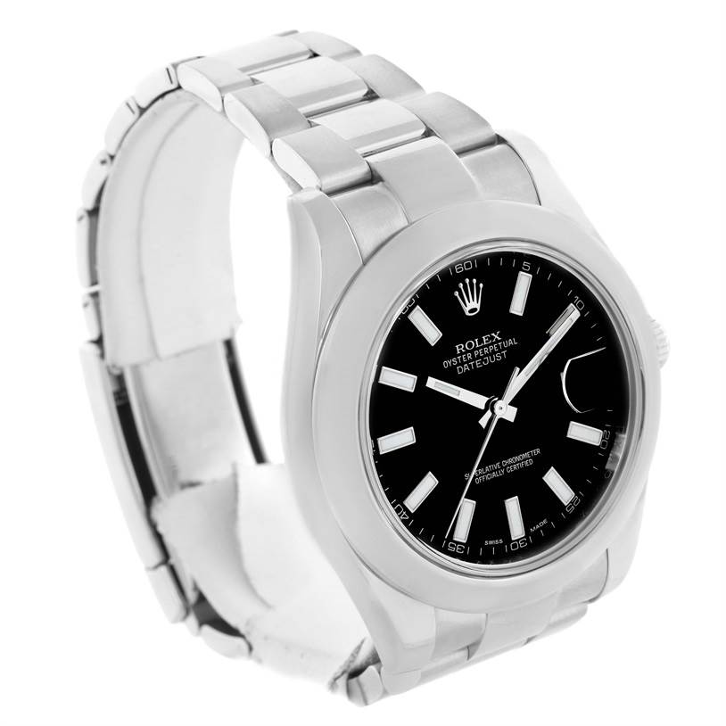 The image shows a side angle of a Rolex Datejust 41 116300 Men's Stainless Steel Black Dial 116300 Men's Stainless Steel Black Dial watch, highlighting its black dial, stainless steel case, and bracelet.