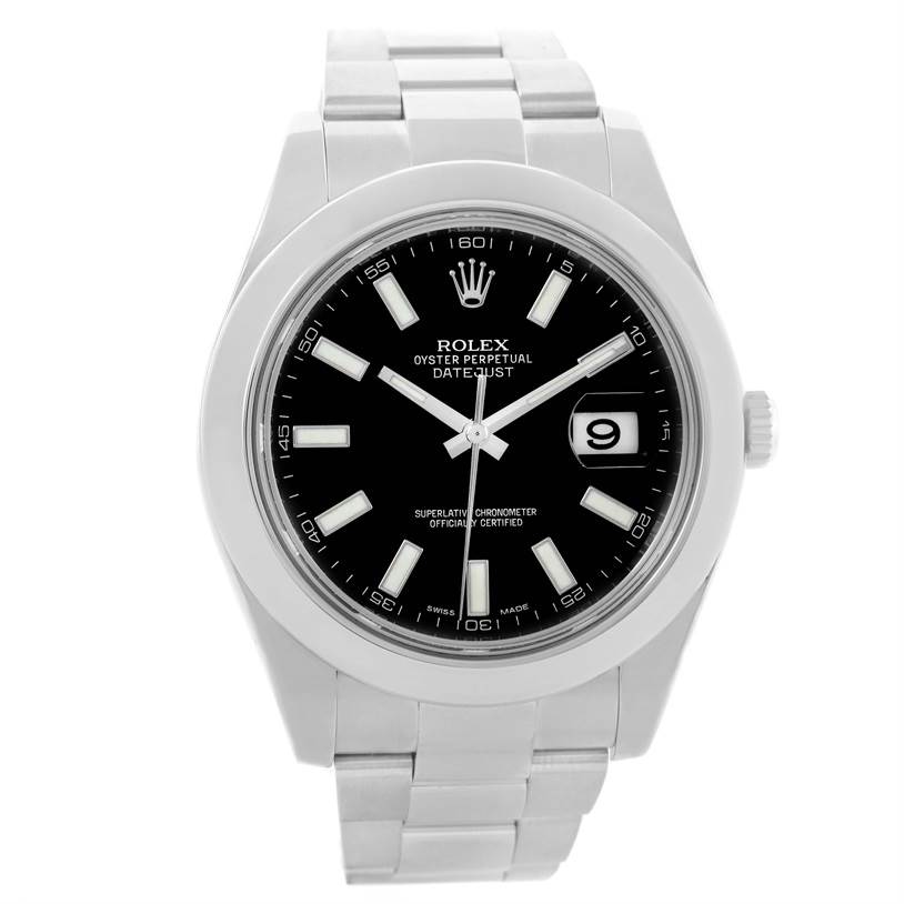 The Rolex Datejust 41 116300 Men's Stainless Steel Black Dial 116300 Men's Stainless Steel Black Dial watch is shown from the front, highlighting its black dial, metal bracelet, and date window.
