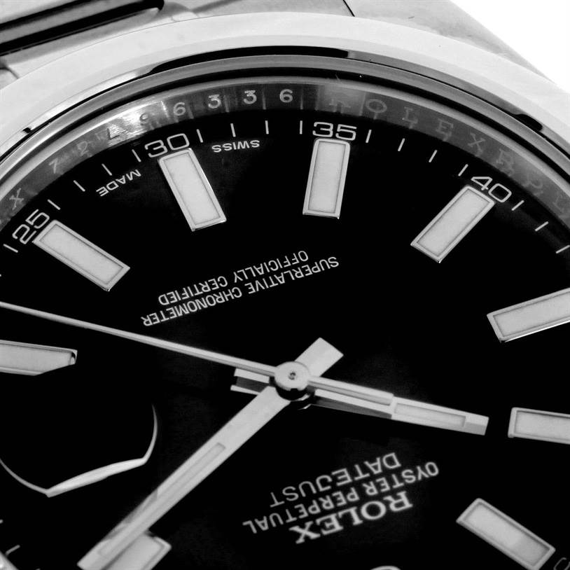 The image shows a close-up angle of the watch face and hands of a Rolex Datejust 41 116300 Men's Stainless Steel Black Dial 116300 Men's Stainless Steel Black Dial.