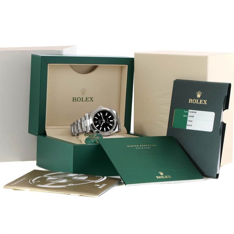 The Rolex Datejust 41 116300 Men's Stainless Steel Black Dial 116300 Men's Stainless Steel Black Dial watch is shown front-facing in its box, along with booklets and warranty card.