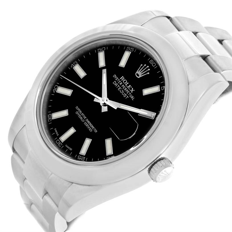 This image shows the Rolex Datejust 41 116300 Men's Stainless Steel Black Dial 116300 Men's Stainless Steel Black Dial watch at an angled close-up, featuring its black dial, bezel, and linked bracelet.