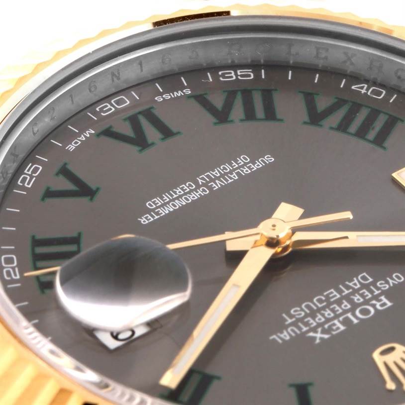 The image shows a close-up of a Rolex Datejust 41 116333GYRO Men's Steel and Gold (two tone) Grey Dial 116333GYRO Men's Steel and Gold (two tone) Grey Dial, highlighting the dial, hands, date window, and part of the fluted bezel.