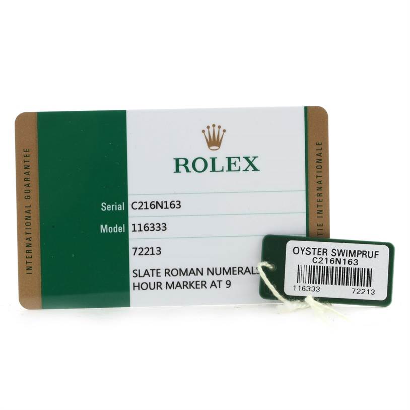 The image shows the warranty card and Oyster Swimpruf tag for the Rolex Datejust 41 116333GYRO Men's Steel and Gold (two tone) Grey Dial 116333GYRO Men's Steel and Gold (two tone) Grey Dial model.