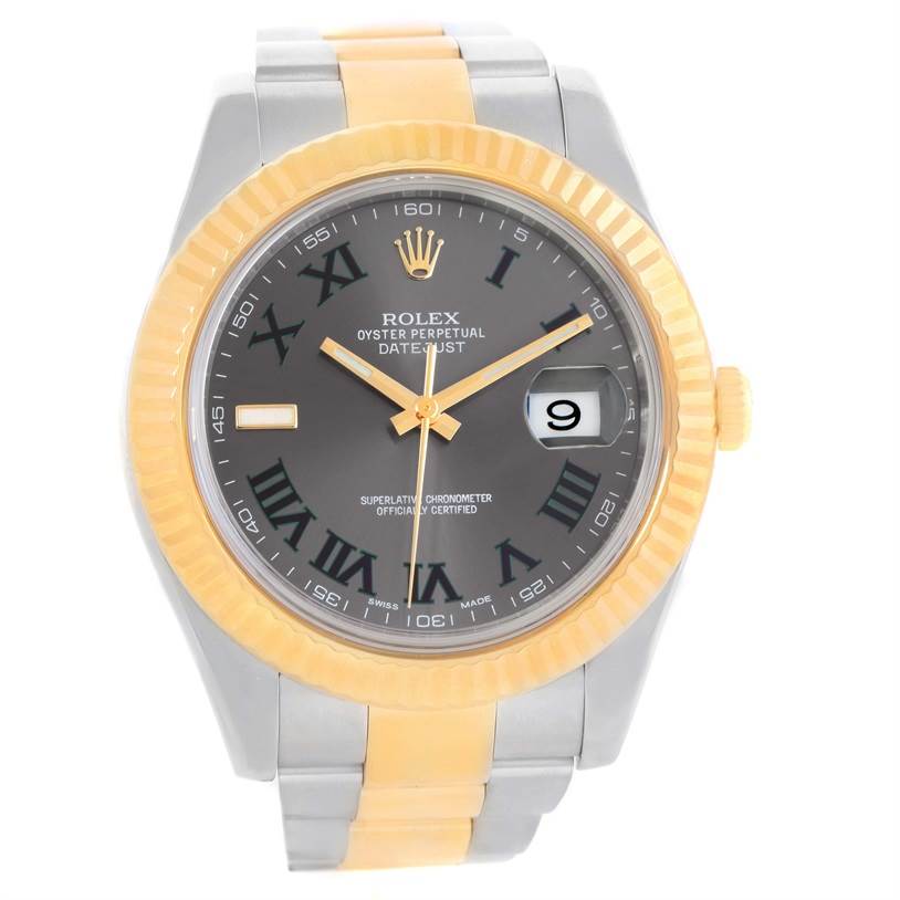 The Rolex Datejust 41 116333GYRO Men's Steel and Gold (two tone) Grey Dial 116333GYRO Men's Steel and Gold (two tone) Grey Dial watch is shown from a front angle, highlighting the dial, bezel, hands, and bracelet.
