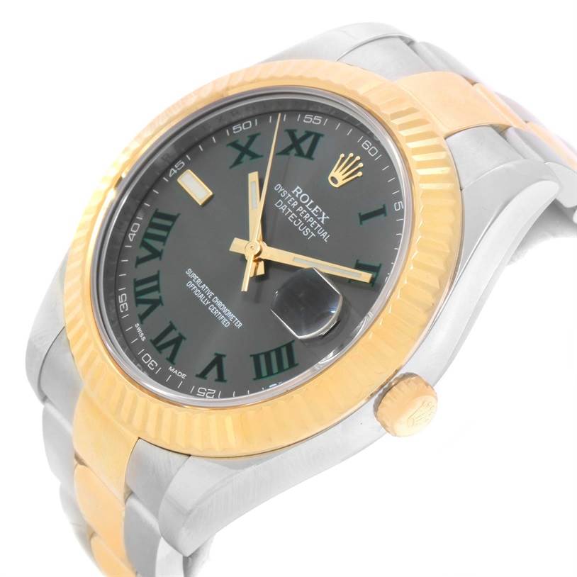 This image shows the Rolex Datejust 41 116333GYRO Men's Steel and Gold (two tone) Grey Dial 116333GYRO Men's Steel and Gold (two tone) Grey Dial model from a side angle, highlighting its dial, bezel, crown, and part of the bracelet.